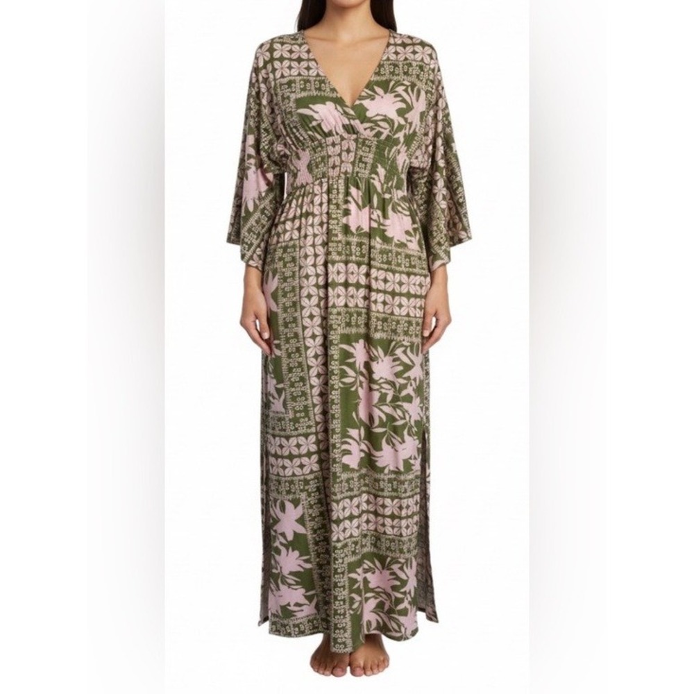 Unbranded Green & Pink Floral Boho Tropical Maxi Dress Kimono Sleeve Size Small